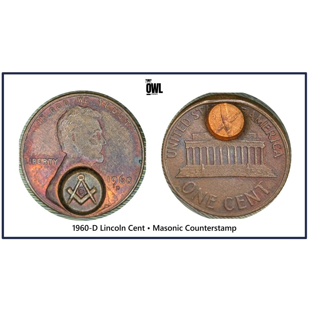 1960‑D Lincoln Cent • Masonic Counterstamp • Rainbow‑Toned Obverse